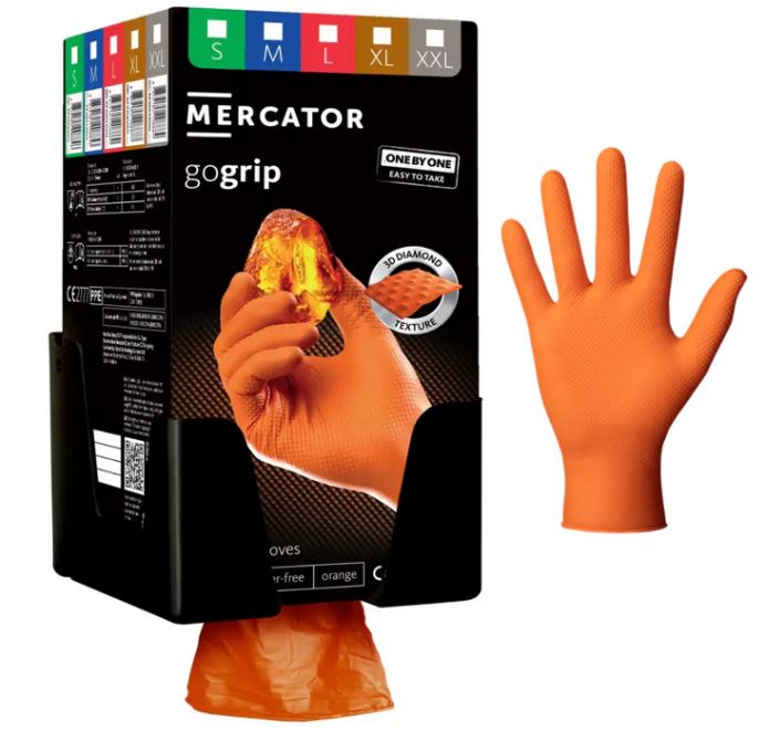 Manusi GO GRIP one by one orange 100 buc/ cutie  pret per cutie  livrare 10 cutii + suport negru plastic